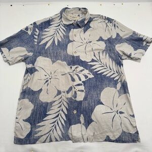 Tommy Bahama Men's large silk Blue & Cream Hawaiian Short-Sleeve Button-Up Shirt